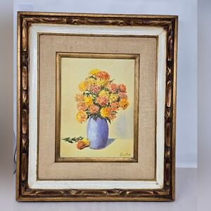Do R'e Original Oil Painting Vintage Blue Vase With Orange-Yellow Chrysanthemums